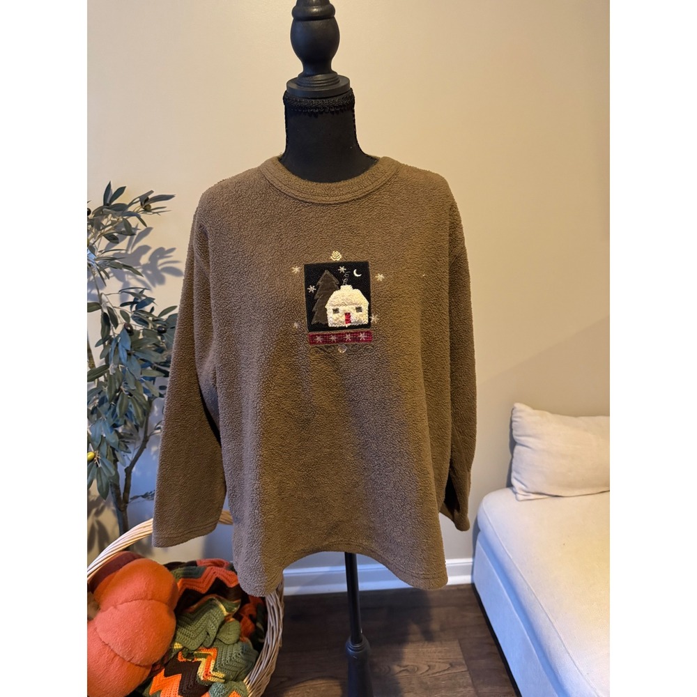 Decorated Originals Brown Fleece Sweatshirt Winter Cottage Embroidery Large